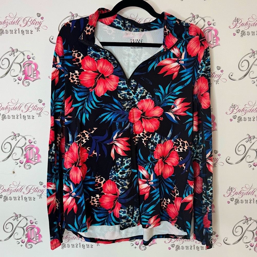 Tribal sport sweater half zip hibiscus 🌺 Black Floral and Leopard Print Blouse